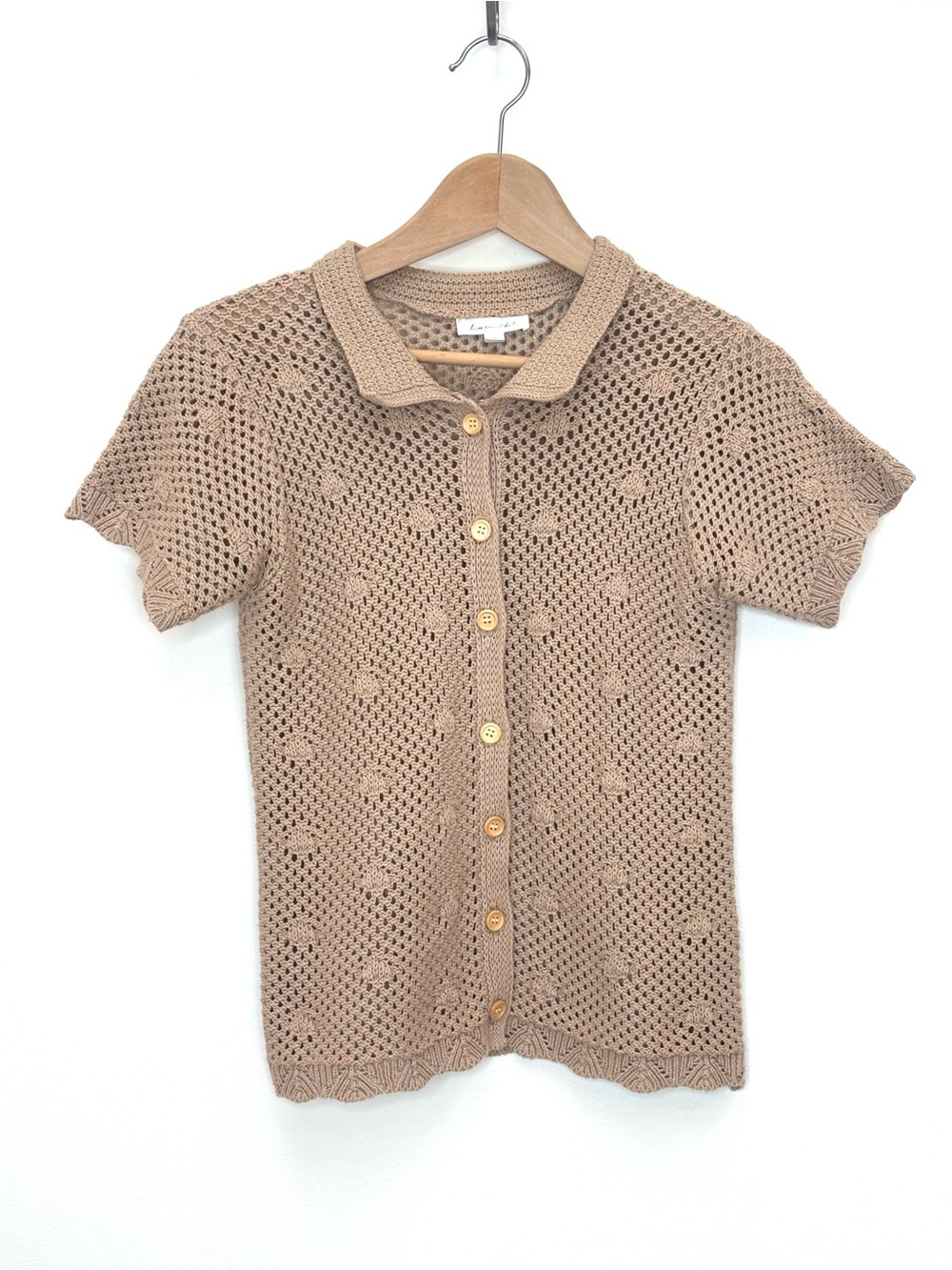 Line & Dot Open Knit Crochet Polo Cardigan Short Sleeves Tan Cottagcore Small